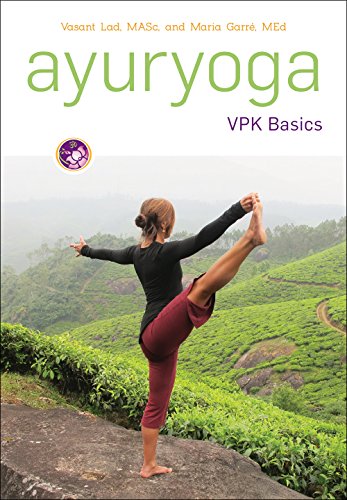 Book cover with Ayurveda and yoga themes, featuring natural colors and possible Sanskrit text.