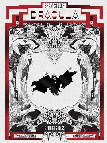 “Dracula” book cover with ornate black and red art, featuring bats and a figure.