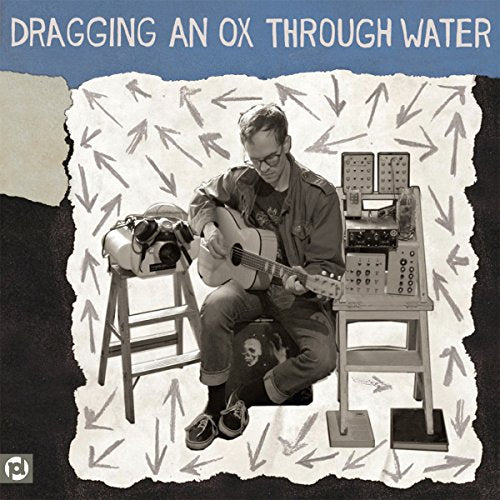 Man with guitar and electronic equipment, collage background, album cover.