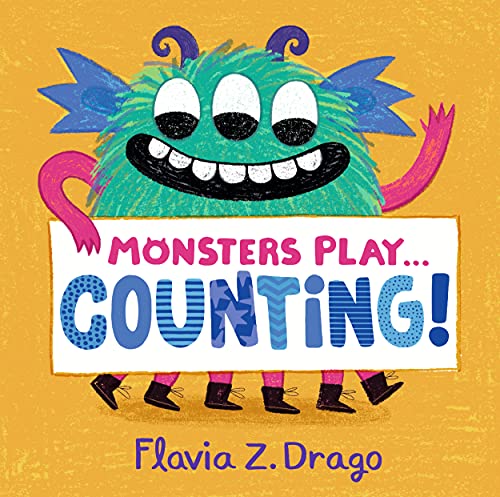 A fuzzy green three-eyed monster holds a sign that reads Monsters Play... Counting!
