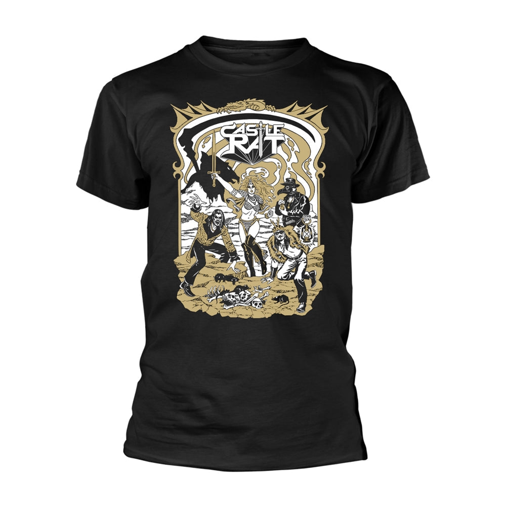 Black t-shirt with illustration of figures before a castle gateway.