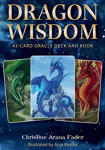 Dragon Wisdom" oracle deck cover with three illustrated dragons on a blue background.