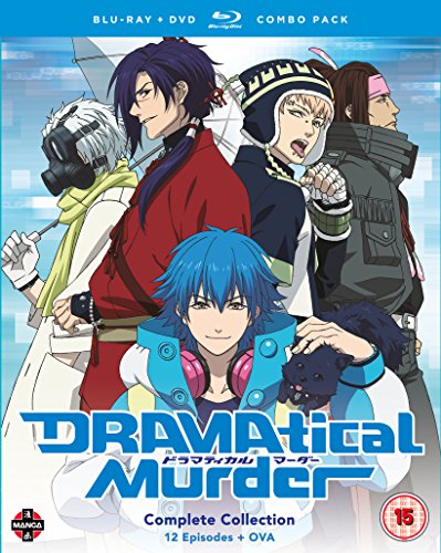 “Dramatical Murder” Blu-ray/DVD cover featuring five anime characters and a black dog.