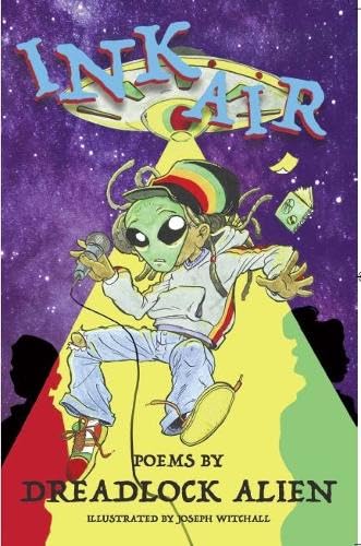 Book cover: alien with dreadlocks holding a microphone, purple background.