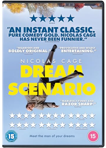 DVD cover for "Dream Scenario" starring Nicolas Cage, blue and yellow design.