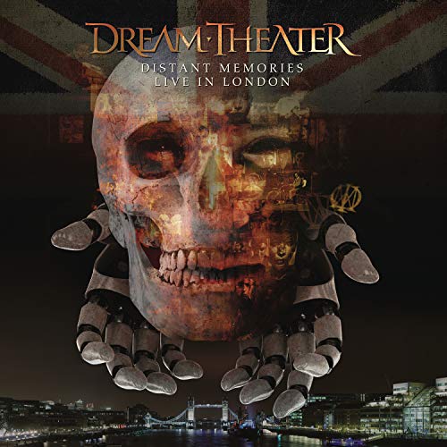 "Dream Theater album cover featuring a skull with robotic hands over a London cityscape."