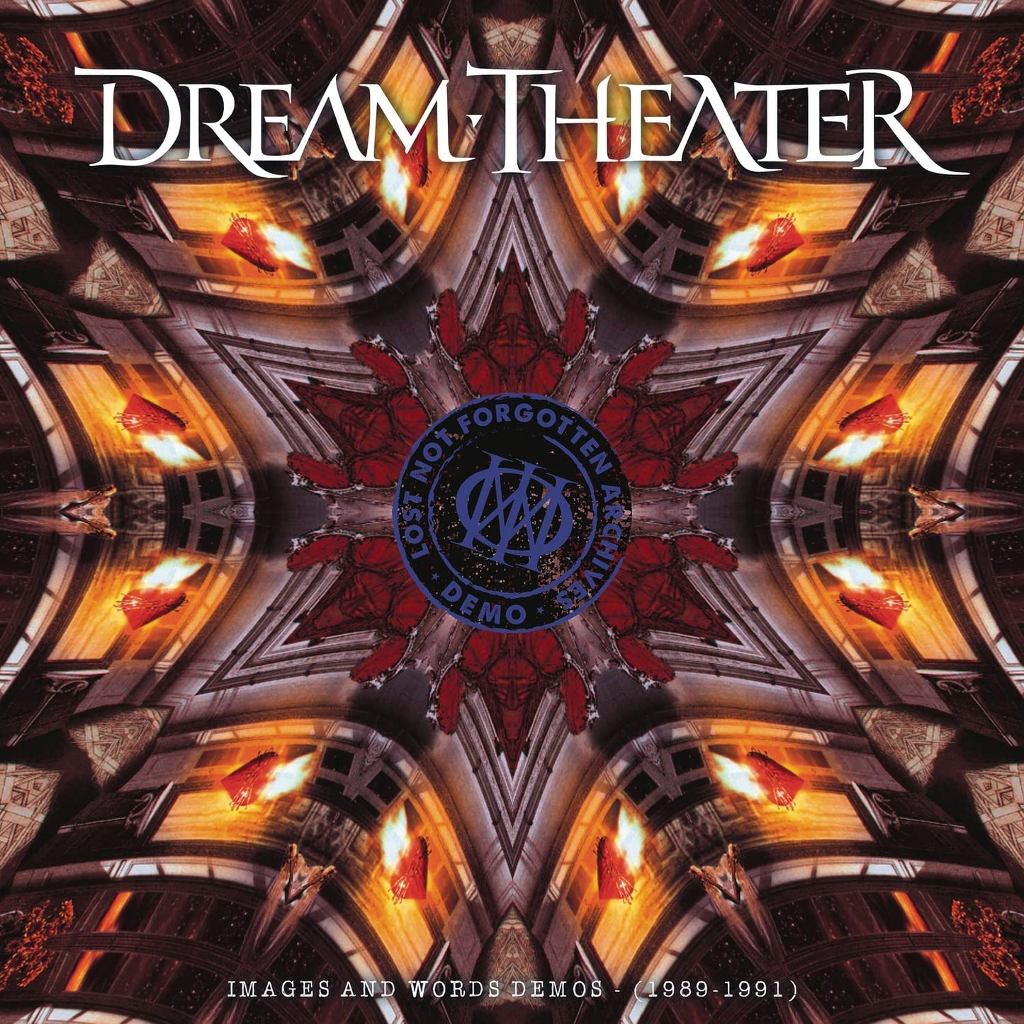 "Dream Theater album cover with kaleidoscope design and blue circular logo, white text."