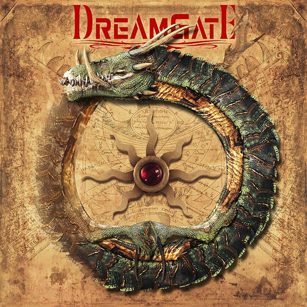 CD cover featuring a dragon coiled around a clockwork sphere on aged paper.