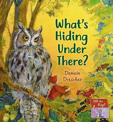 An owl sits on a branch with a child sitting below in a forest.