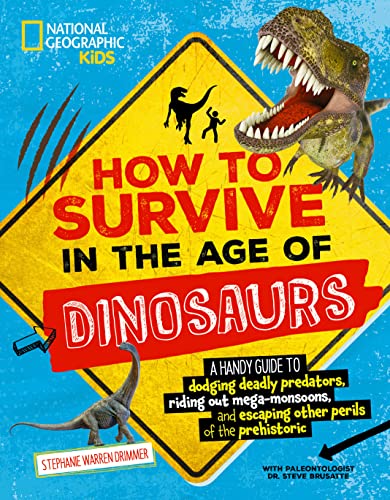 Yellow sign with dinosaurs and a running person, National Geographic Kids book.