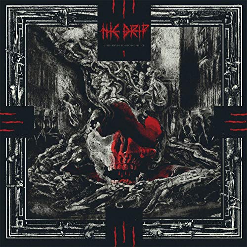 A black-and-white album cover with a red-accented skull surrounded by a chaotic, grimy scene.