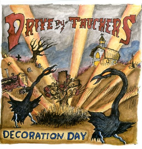 Watercolor illustration of two black birds, a graveyard, a church, and a tractor.