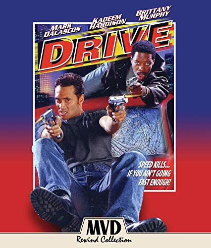 Blu-ray cover for "Drive" featuring two men aiming guns from a car.