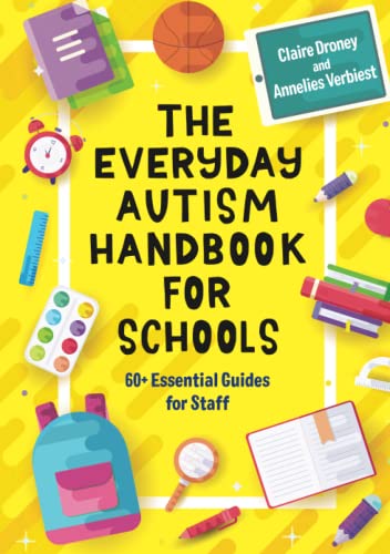 Book cover: "The Everyday Autism Handbook for Schools" with school supplies.