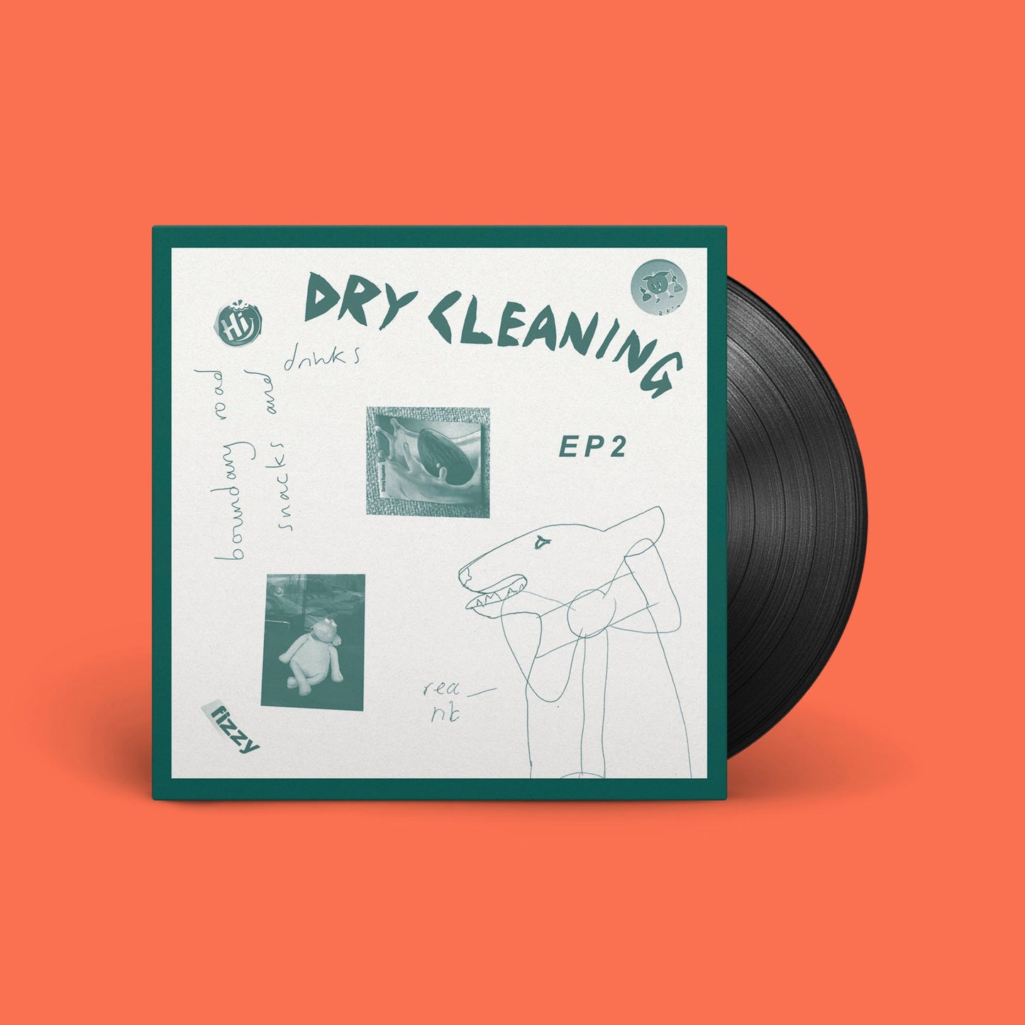Vinyl record with handwritten-style text and doodle illustrations on a white label.