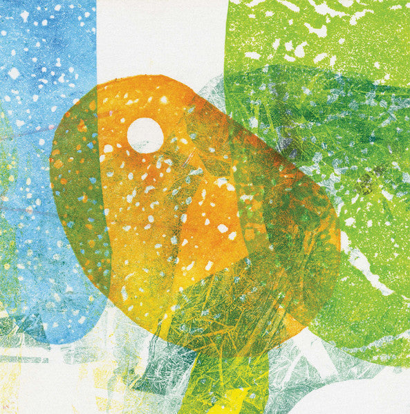 Abstract vinyl record cover with overlapping blue, green, and orange shapes.