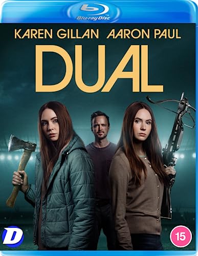 Blu-ray cover for the film Dual featuring Karen Gillan and Aaron Paul.