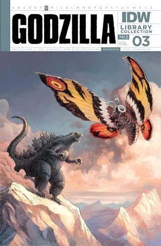 Godzilla and Mothra face off on a rocky, mountainous landscape.