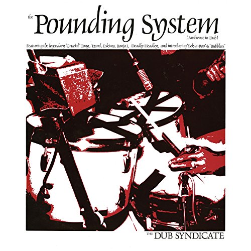 Red and white album cover depicting a drum kit and microphone.
