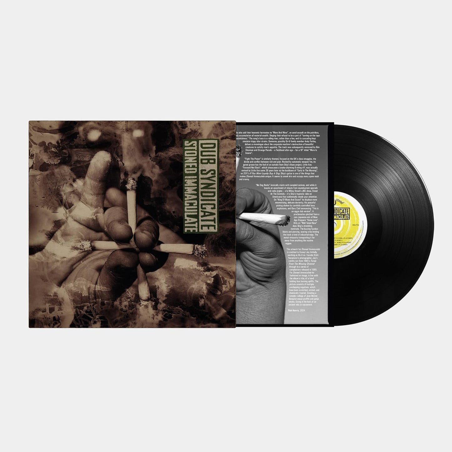 Vinyl record and gatefold sleeve for Dub Syndicate's Stoned Immaculate with abstract hand imagery.
