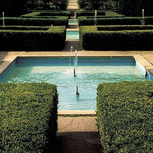 Formal garden with a fountain and symmetrical hedges, album cover art.