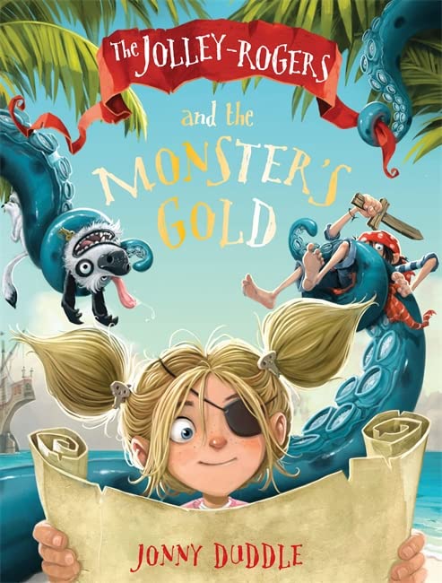 Book cover: pirate girl, octopus, and monster with treasure map.