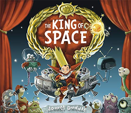 Book cover: a boy wearing a crown flies in a spaceship with aliens.