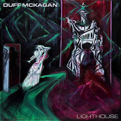 Abstract painting showing a white lighthouse structure, a figure, and green and red lighting.