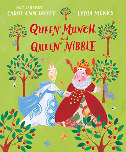 Book cover with two queens in gowns amongst apple trees.