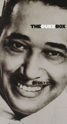 Black and white close-up of Duke Ellington's smiling face with "THE DUKE BOX" text.