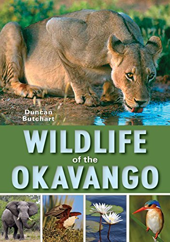 Book cover featuring a lion drinking, with images of African wildlife.