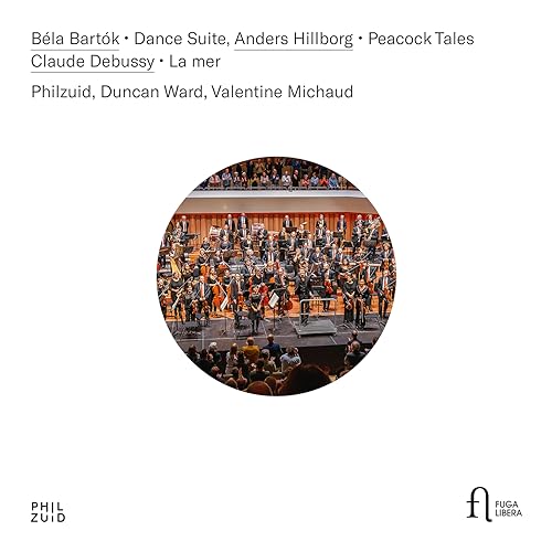 Orchestra performing on stage with audience, CD cover art.
