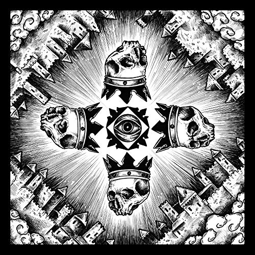 Black and white illustration of skulls wearing crowns, surrounded by buildings.