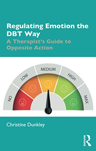 Book cover with teal background, emotion gauge, and title "Regulating Emotion the DBT Way.