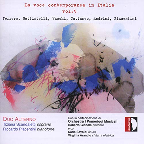 "Album cover with abstract watercolor design and red and black text on white background."