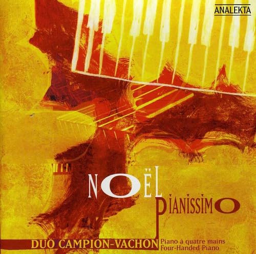 CD cover with abstract orange and red piano key design, titled "Noël Pianissimo".