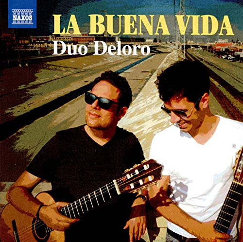 "CD cover with two men holding guitars, standing on a bridge."