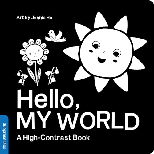 Black and white book cover with smiling sun, flower, and bird illustrations.