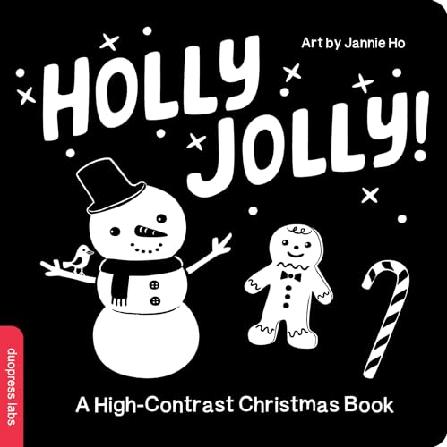 Black and white illustration of a snowman, gingerbread man, and candy cane.