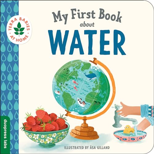 Children’s book cover with globe, strawberries, and water-related illustrations.