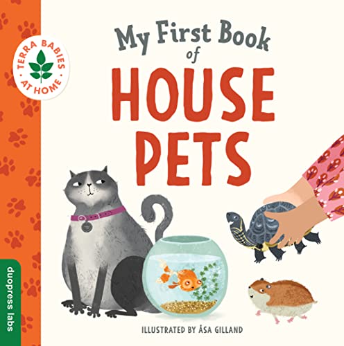 Book cover featuring a cat, goldfish, turtle, and hamster with the title House Pets.