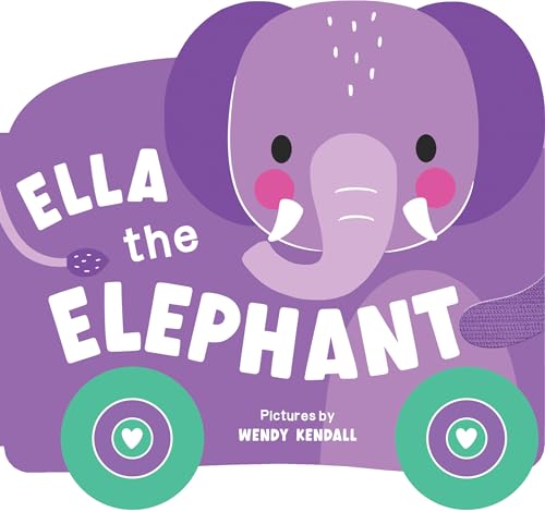 Purple elephant-shaped board book with wheels and heart details.