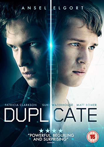 DVD cover for "Duplicate" featuring two mirrored images of Ansel Elgort.