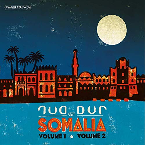 "Vinyl record cover with orange cityscape, full moon, and 'Dur Dur of Somalia' text."