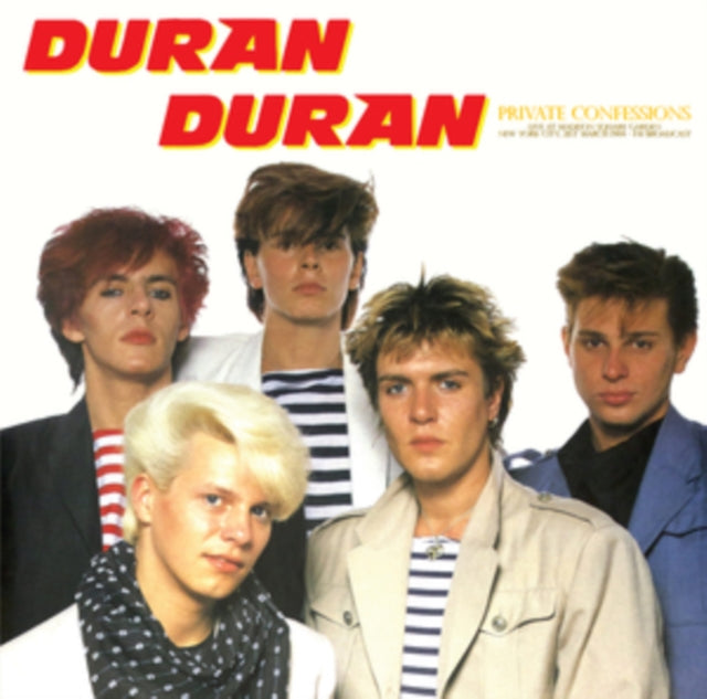 Duran Duran band portrait from the 1980s, with bold red and yellow text.