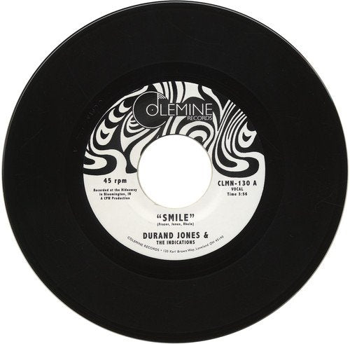 Black vinyl record label with white text: Durand Jones & The Indications “Smile”.