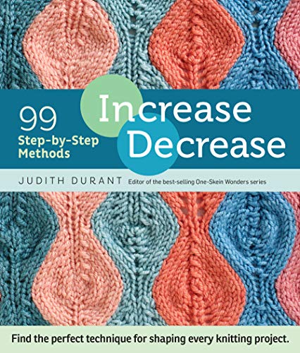 Book cover with knitted fabric and text: “Increase Decrease: 99 Step-by-Step Methods”.