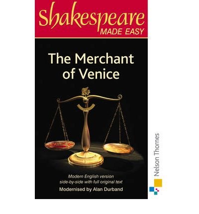 Book cover: "The Merchant of Venice" with scales illustration.