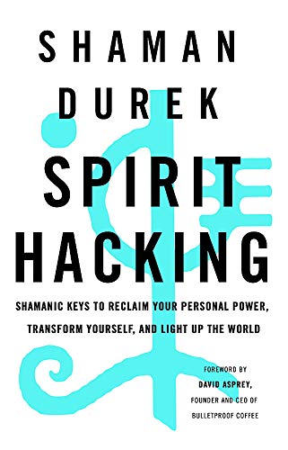 Book cover: "Spirit Hacking" with blue abstract design and bold text.