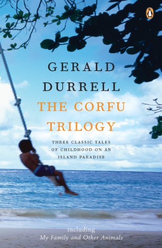 Book cover: boy on swing over ocean, title "The Corfu Trilogy" by Gerald Durrell.